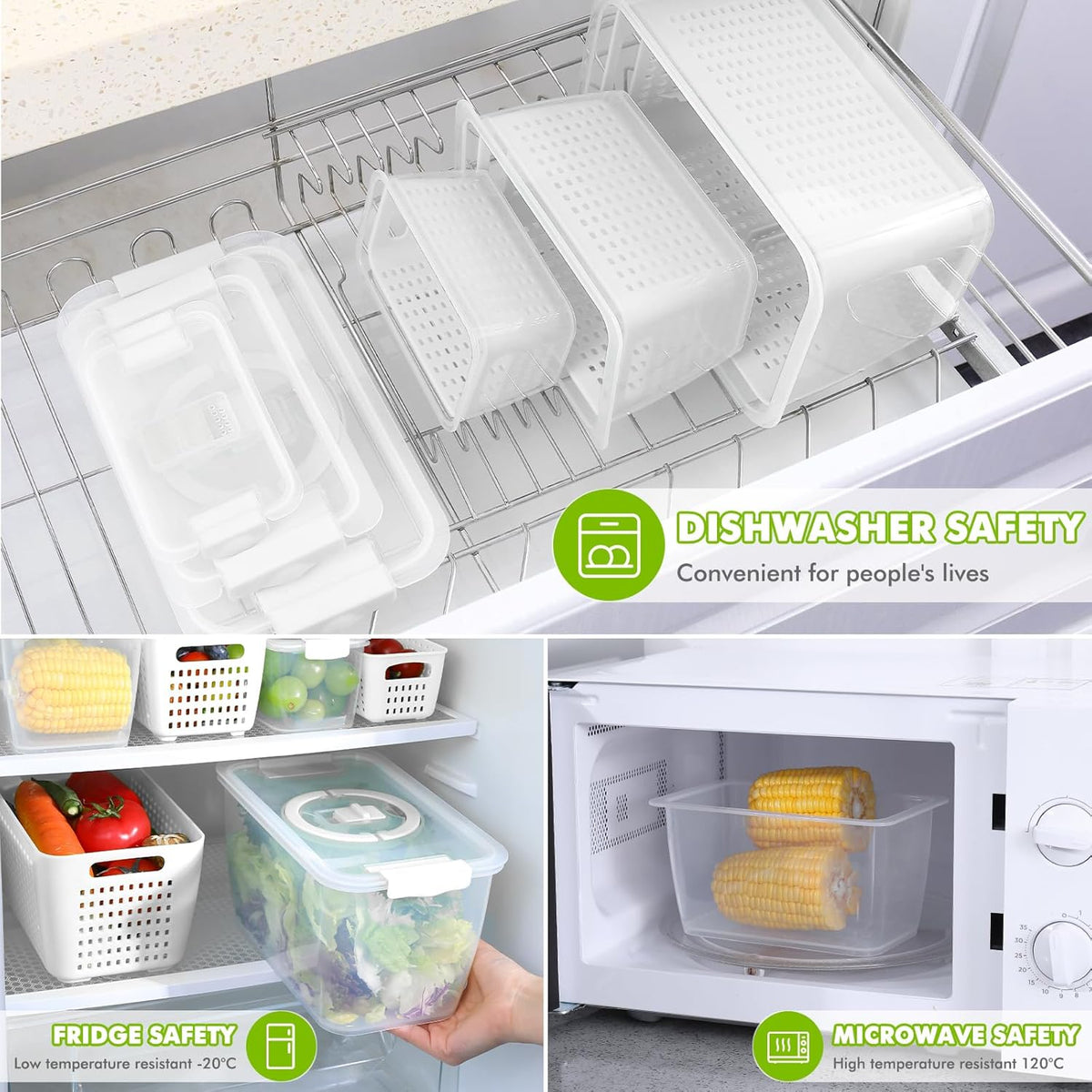 LUXEAR Produce containers for fridge,3 Set Fruit Containers with Removable Colander, BPA-Free Produce Saver Containers with Lids Dishwasher&Microwave Safe Keep Fruits, Vegetables, Berry, Fresh Longer
