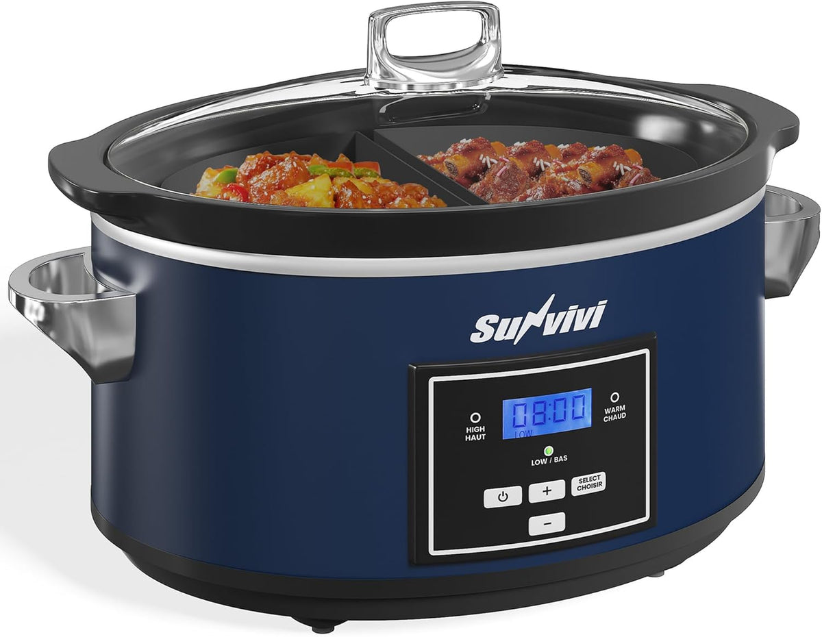 Sunvivi 6 Quart Programmable Slow Cooker with 2 in 1 Silicone Liners, Multi-Cooker Food Warmer with Digital Timer, Adjustable Tempature Control, Dishwasher Safe Parts, Blue