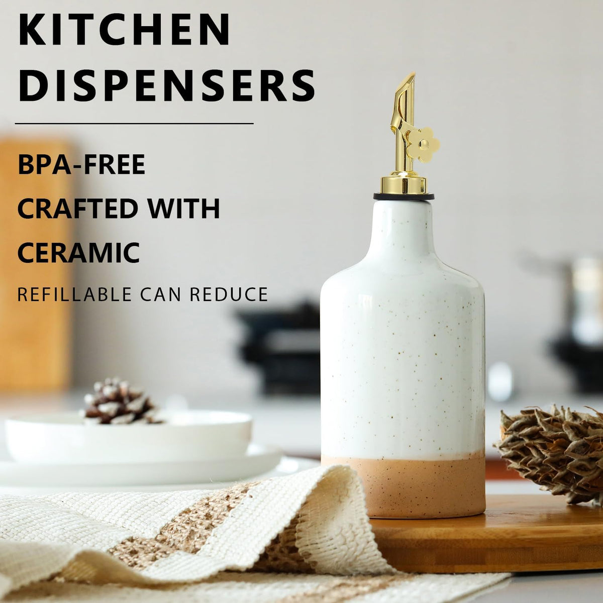 HOMCDALY Ceramic Olive Oil Dispenser Bottle, 16oz Oil Dispenser Bottle for Kitchen, Oil Container, Kitchen Dispenser for Oil Vinegar Syrups(White&Brown