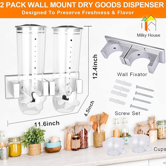 Milky House Food Dispensers Wall Mount, 2 Pack Dry Cereal Dispenser, Convenient Storage Dual Control for Cereal Nuts, Coffee Beans Trail Mix Candy Oatmeal Rice Pasta Candy Container, Cereals Bank 3L