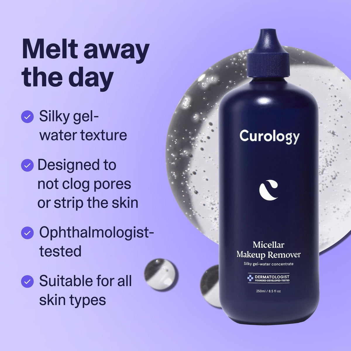 Curology Micellar Water Makeup Remover, Cleansing Gel Water Concentrate, Waterproof Eye and Face Make Up Removal, 8.5 fl oz