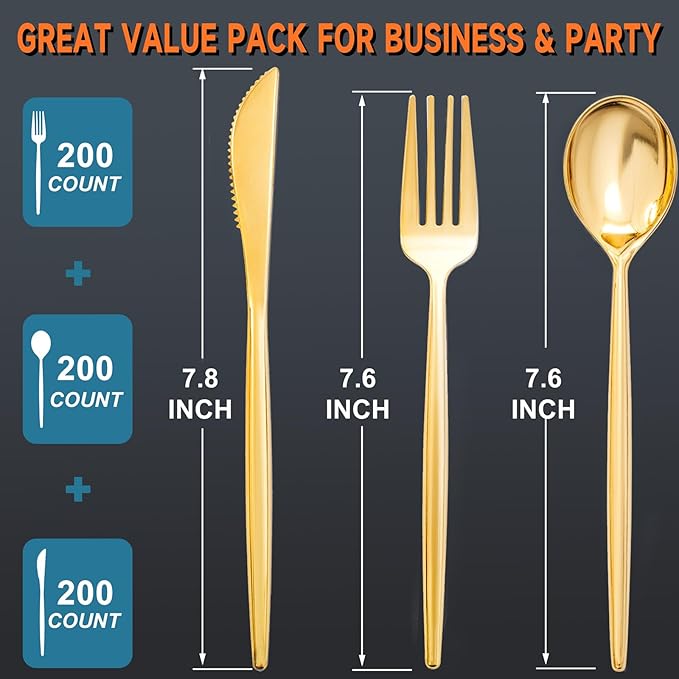 SUT 600 Pcs Gold Plastic Silverware, Gold Disposable Utensils, Heavy Duty Cutlery Set, Disposable Silverware Set Include 200 Forks, 200 Spoons, 200 Knives Heavy Duty Flatware for Party