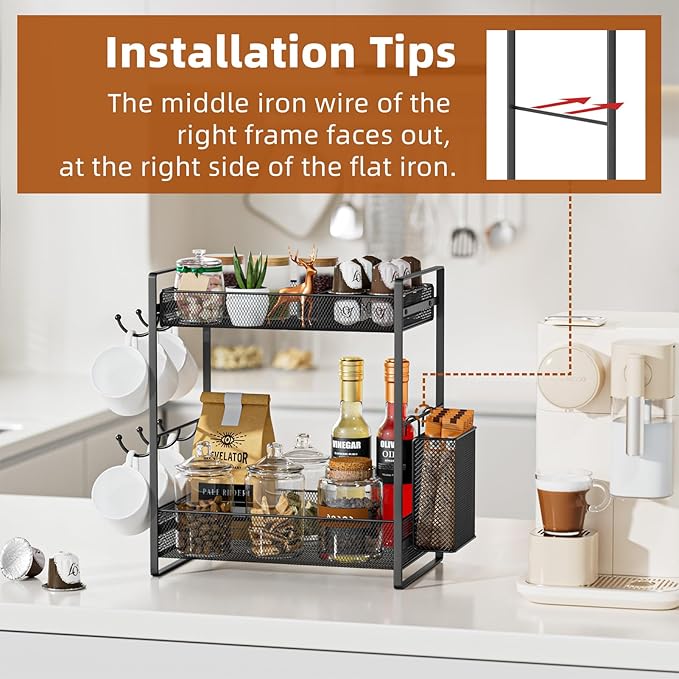 VITVITI Coffee Bar Organizer with Mug Holder, Metal Coffee Station Organizer for Countertop, 2 Tier Cup Mug Holders Rack with Basket for Kitchen Office, Black