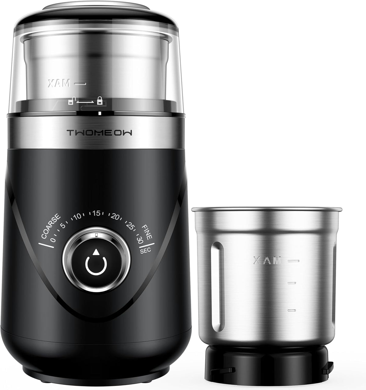 Electric Coffee Grinder with Timing Knob, Electric Quiet Grinder, High-Speed Bean and Spice Grinder with Removable Stainless Steel Bowl, Black
