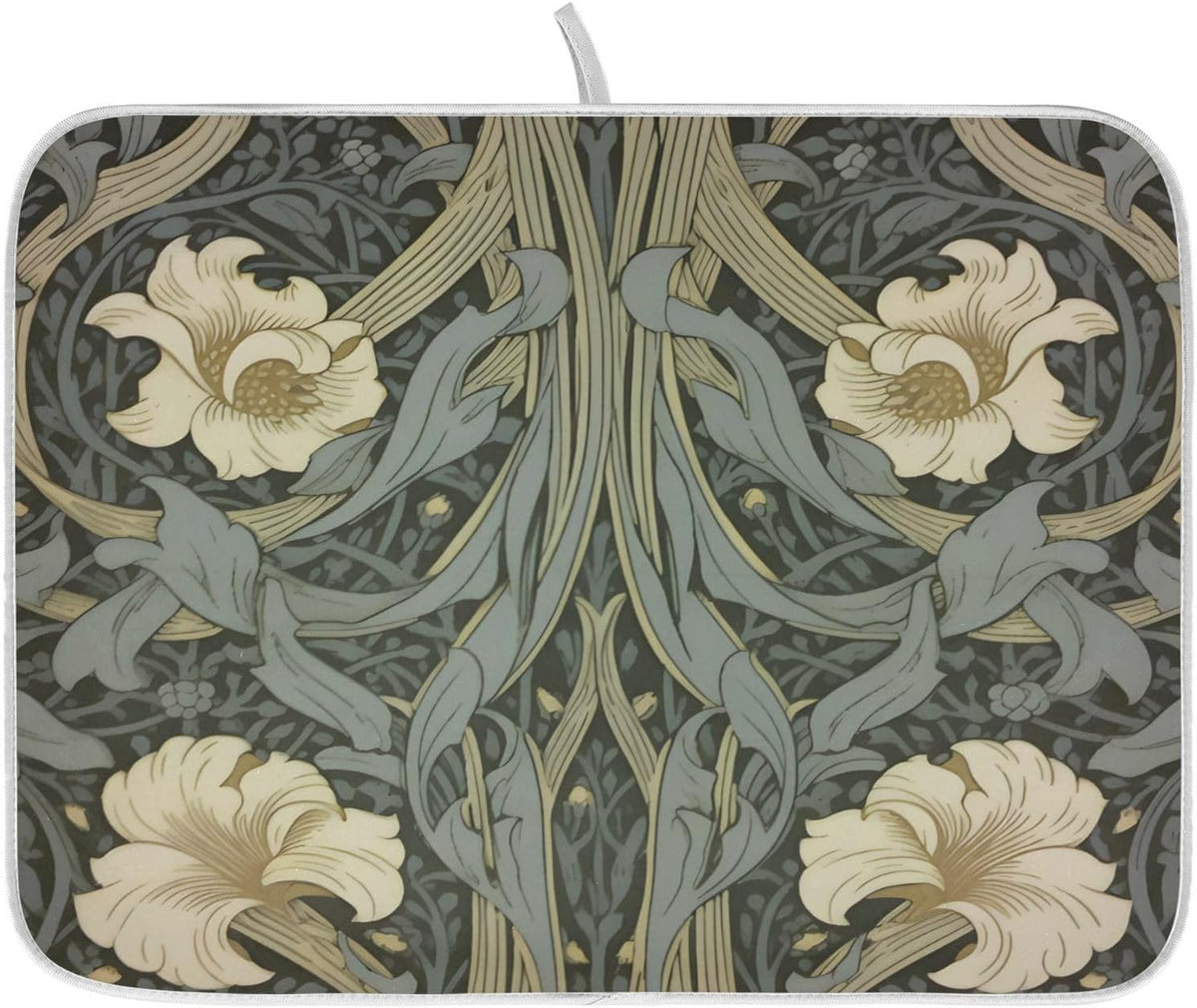William Morris Flowers Print Dish Drying Mat for Kitchen Counter Absorbent Microfiber Large Drying Pad Dish mats for Kitchen Countertops 18 x 24 Inch