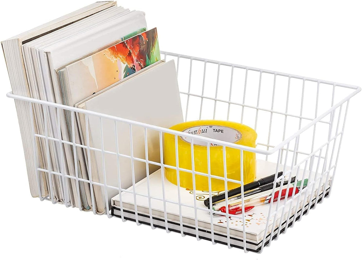 Redrubbit Wire Storage Baskets, Large Farmhouse Metal Freezer Basket Storage Organizer Bins with Handles for Kitchen Cabinets, Pantry, Closets, Bedrooms, Bathrooms, Set of 4, White