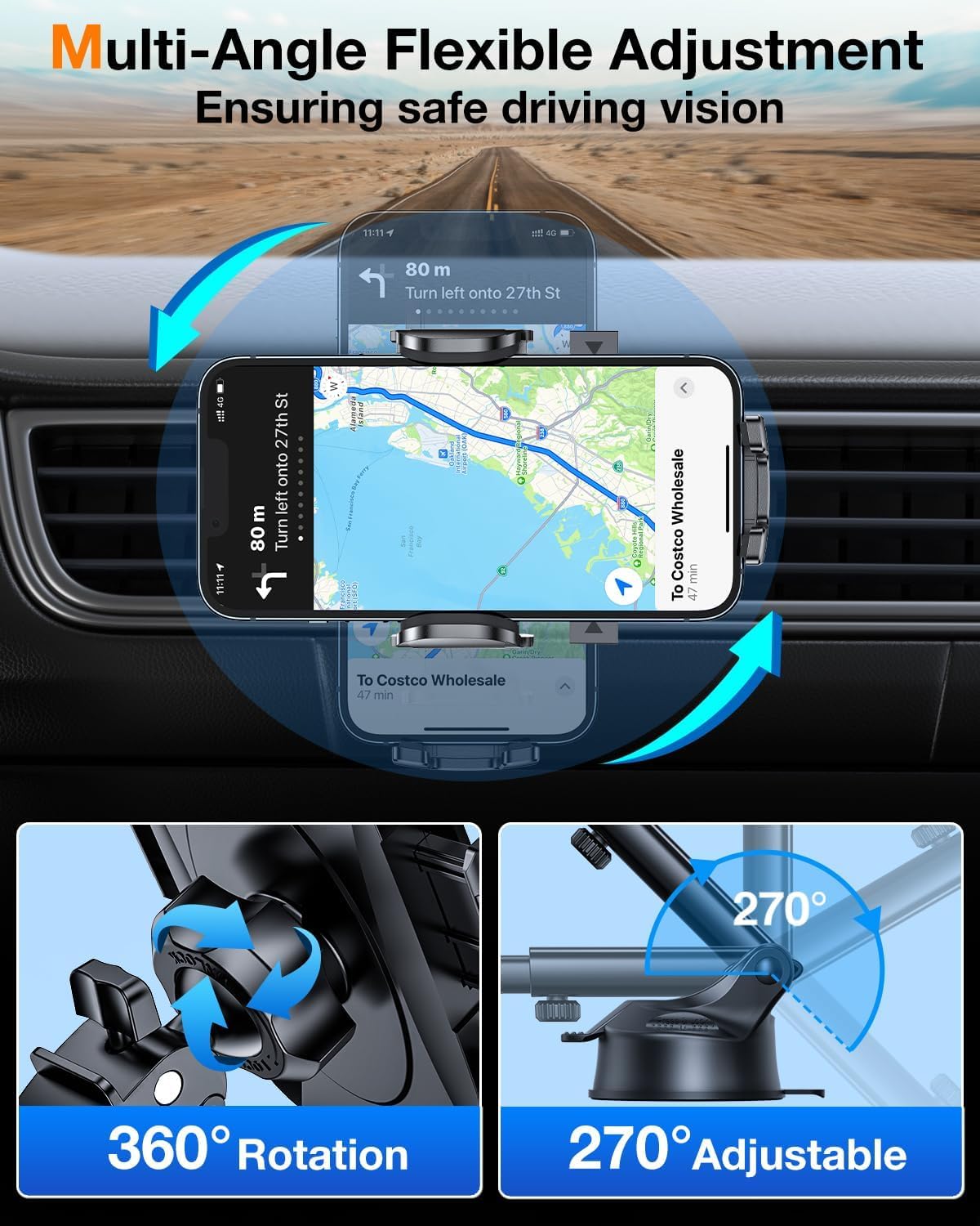 HTU Car Phone Holder【2026 Upgraded 100+LBS Suction & Safety Cert】 Cell Phone Car Mount for Truck Heavy Duty Phone Holder for Dashboard/Windshield/Vent for iPhone 17 16 Pro Max, Dark Black