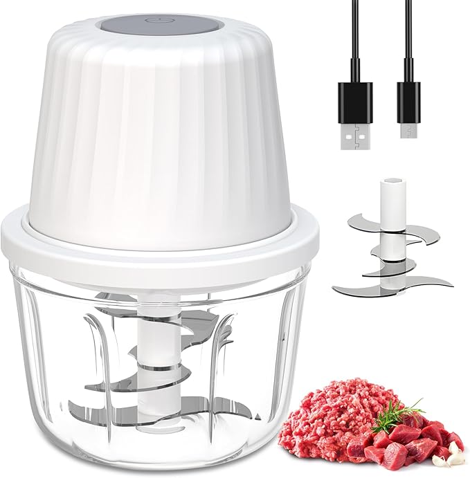 Mini Food Chopper Cordless, 400ml Small Food Processor 1.6Cup, Battery USB-C Rechargeable Electric Garlic Chopper Wireless, Portable Meat Grinder Mincer Veggie Blender Kitchen Mixer w/ 6 Blades, White