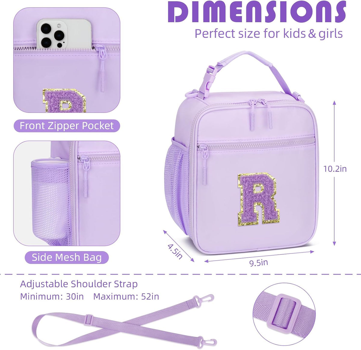 Initial Insulated Lunch Bag for Girls Kids, Back to School Gift, Reusable Leak-proof Lunch Box with Adjustable Strap for School Daycare Travel Picnic (Purple,R)