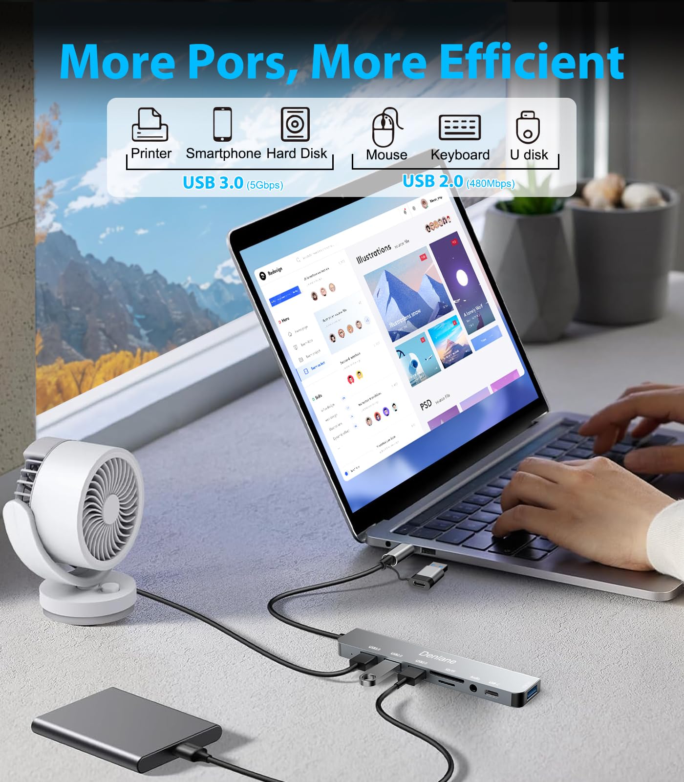 Denlane USB C Hub USB Hub 3.0 for Laptop, Upgrade 8 in 2 USB Splitter with USB-C/4 USB A Port Extender, TF/SD Card Slot, 3.5mm Audio Adapter, USBC USB Dongle for PC/Mac/MacBook/Laptop/iPad/Tablet