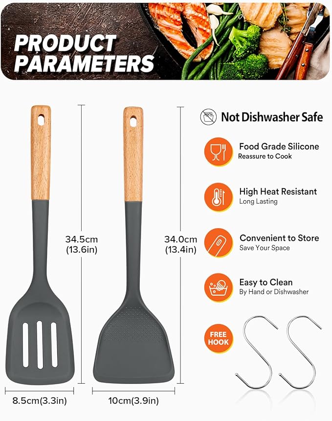 Silicone Wok Spatula Turner Set, Perfect for Scooping, Flipping, Lifting Pancakes and Picking up Veggies, BPA-Free Matte Silicone, Wooden Handles, Safe for Nonstick Cooking Surfaces (Grey)