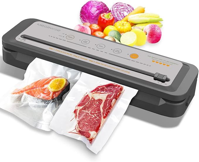 MegaWise Vacuum Sealer Machine - Powerful 80kPa Suction, Built-in Cutter, One-Touch Operation, Includes 10 BPA-Free Bags, Dry & Moist Modes, Keeps Food Fresh 5x Longer