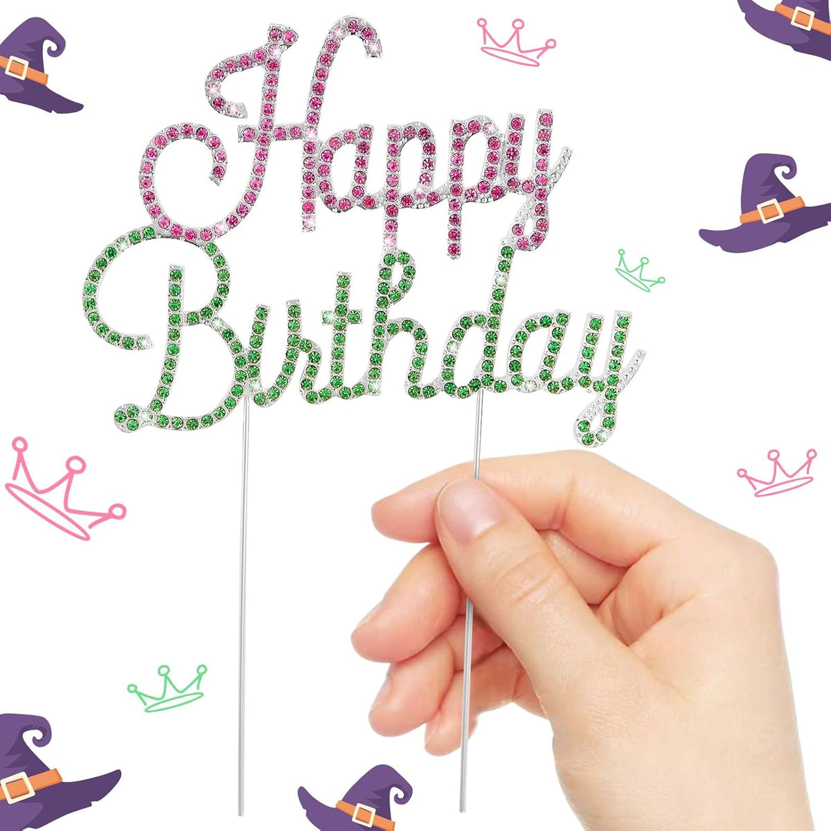 Happy Birthday Cake Topper Pink & Green Rhinestones Wicked Themed Cake Topper for Birthday Party Decorations