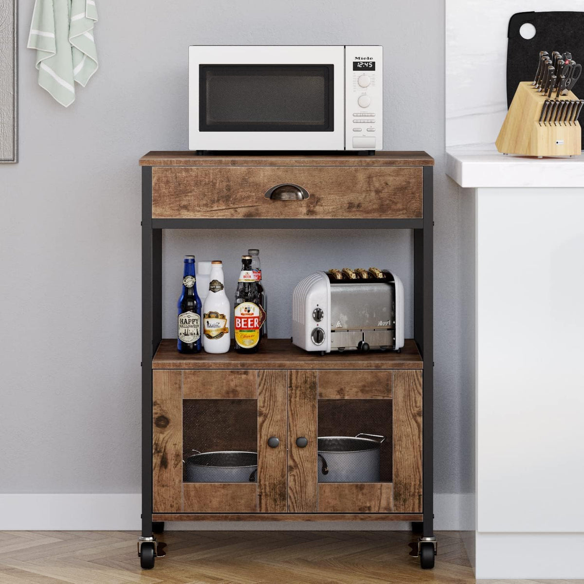 Catrimown Coffee Cart Station, Coffee Stand Station, Small Microwave Stand with Drawer, Movable Farmhouse Coffee Station Table on Wheels for Living Room, Entryway, Dining Room, Kitchen