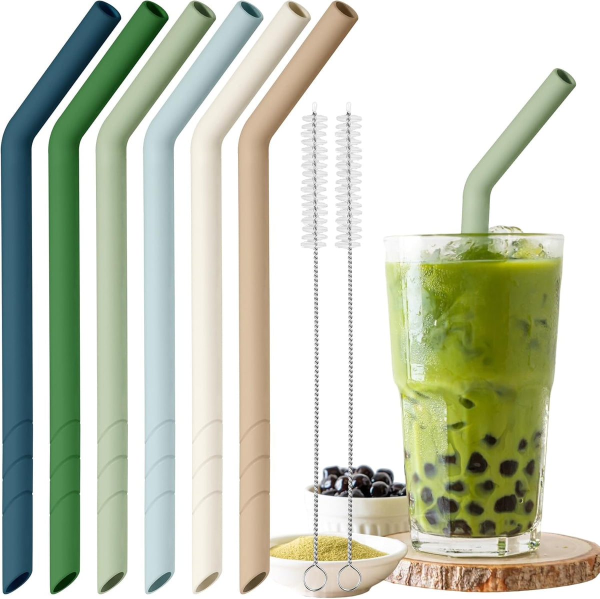 NiHome 6PCS Extra Wide Reusable Bent Silicone Straws for Boba, Smoothies, Bubble Tea, Eco-Friendly Bent Straws for Thick Drinks, Child-Safe, Customizable Length, 2 Brushes for Cleaning (Nature Colors)