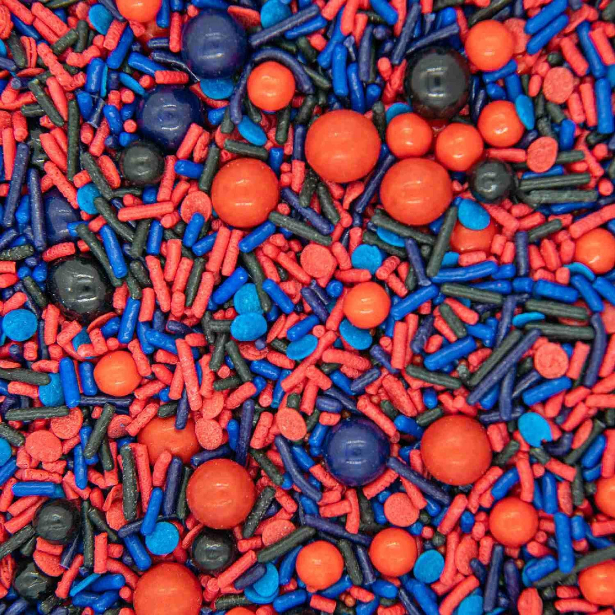 Spiderman Sprinkles for Cake, Cookie, Cupcake Decorating, and Baking - Fancy Edible Spiderman Cake Decorations Sprinkles and Toppings in Red, Blue, and Black Jimmies, Nonpareils, Sugar Pearl