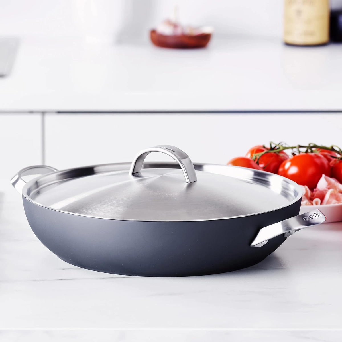 GreenPan Paris Pro Hard Anodized Healthy Ceramic Nonstick, 11" Everyday Frying Pan Skillet with 2 Handles and Stainless Steel Lid, PFAS-Free, Dishwasher Safe, Grey
