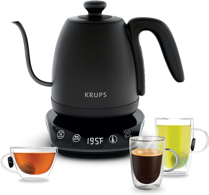 KRUPS Gooseneck Electric Kettle: 1L Stainless Steel, 1350W Fast Boiling, Boils 1 Cup in 80 Seconds, Temperature Control with 8 Presets, 60-Min Keep Warm, Precision Pour for Coffee and Tea