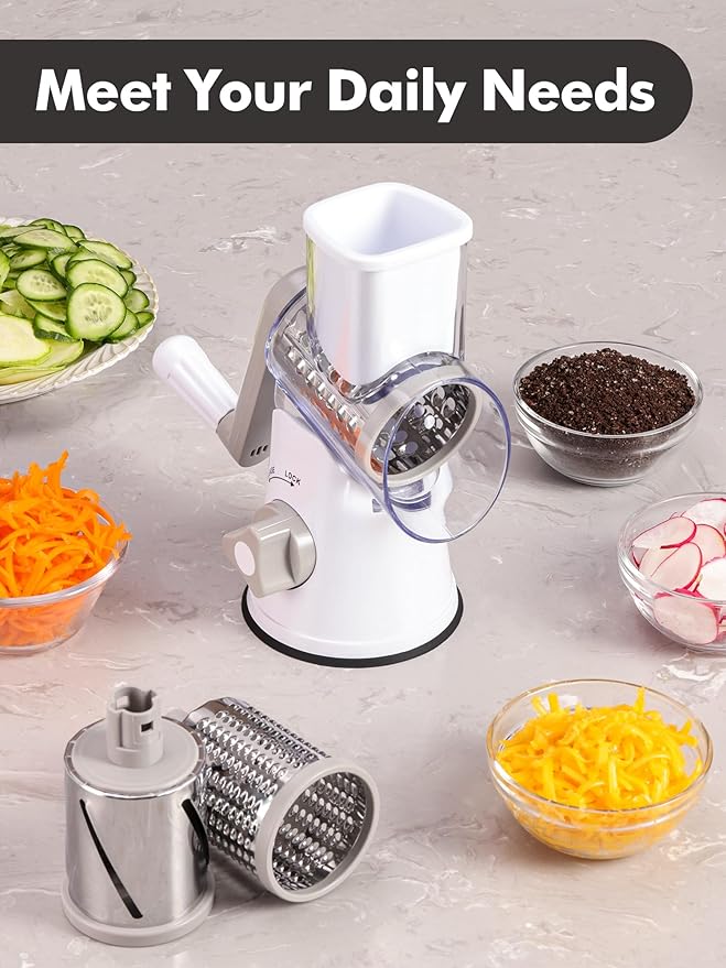 Rotary Cheese Grater with Handle - 3 in 1 Cheese Shredder Rotary Grater Stainless Steel Handheld, Vegetable Slicer for Fruit, Cheese, Nuts(White)