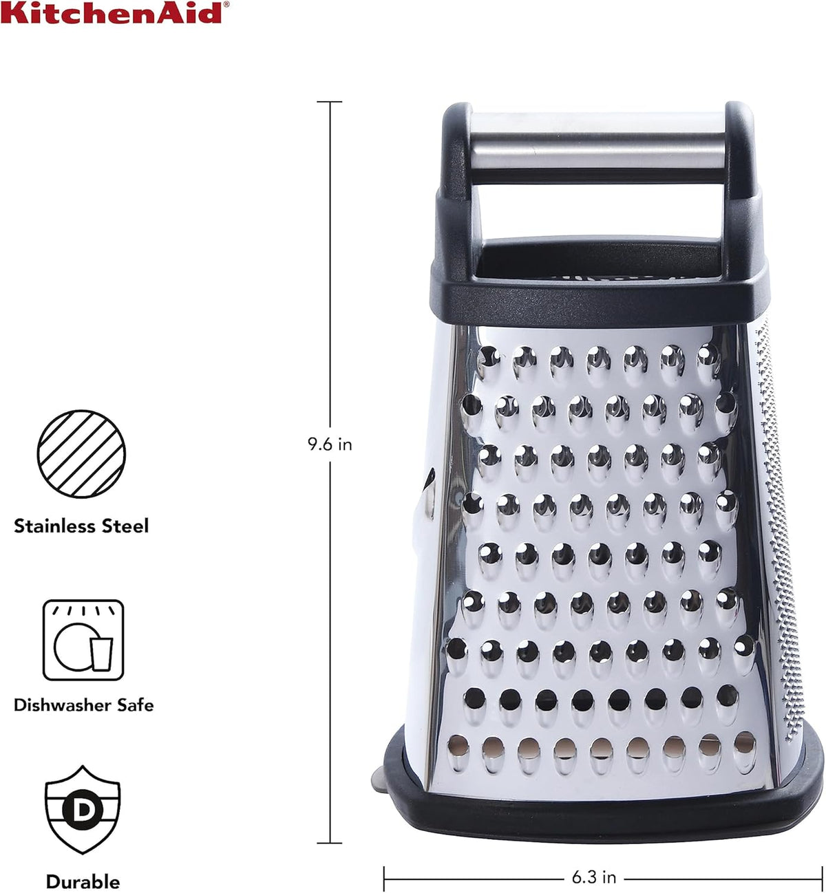 KitchenAid Gourmet 4-Sided Stainless Steel Box Grater for Fine, Medium and Coarse Grate, and Slicing, Detachable 3 Cup Storage Container and Measurment Markings, Dishwasher Safe, 10 inches tall, Black