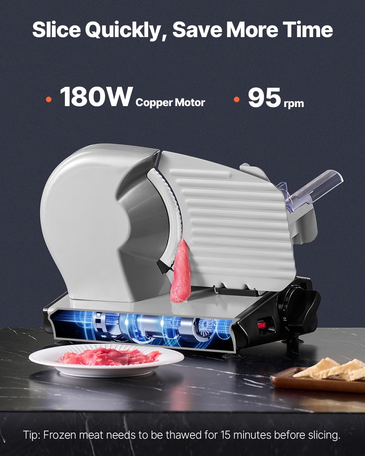 VEVOR Meat Slicer, 8.7 inch Electric Deli Food Slicer with Two Premium SUS420 Blades, 0-0.6 inch Adjustable Thickness, 180W Food Slicer Machine for Meat, Hard Bread and Cheese, Home Use