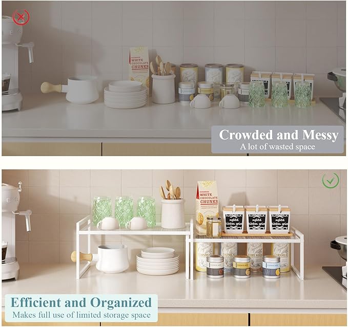 Set of 2 Kitchen Cabinet Organizer Shelf Stackable Sturdy Metal Counter Countertop Pantry Storage Rack
