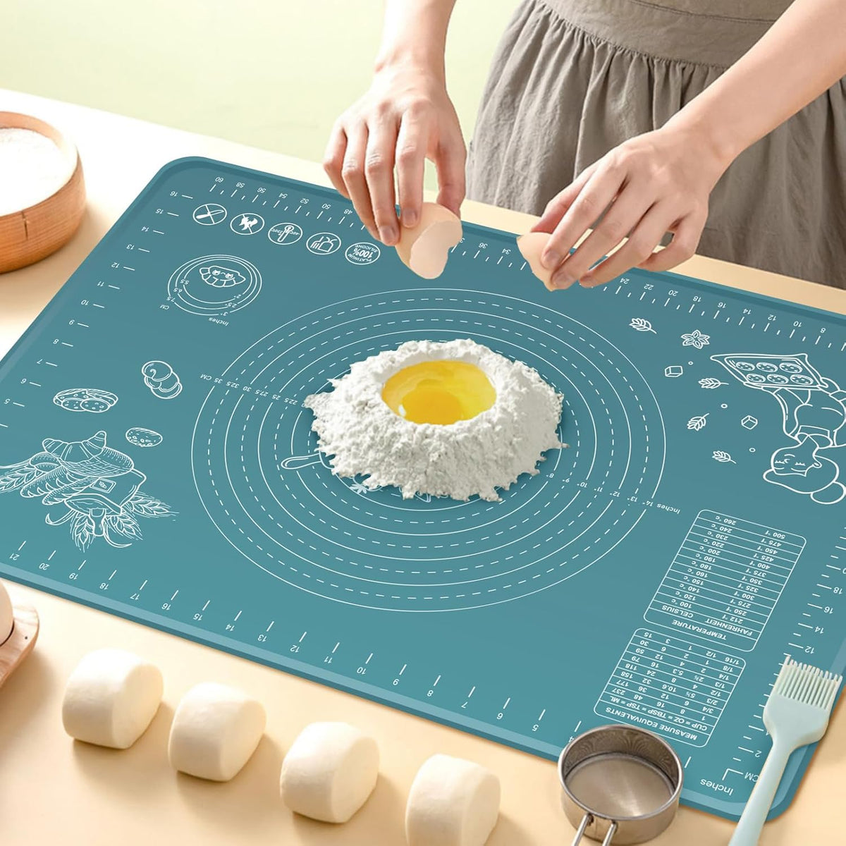 Silicone Pastry Mat 32" x 24" Extra Thick Non Stick Baking Mat with Measurements and Edge Heightening, Food Grade Silicone Rolling Mat for Pastry, Bread, Cookies, Pizza, Fondant, Pasta