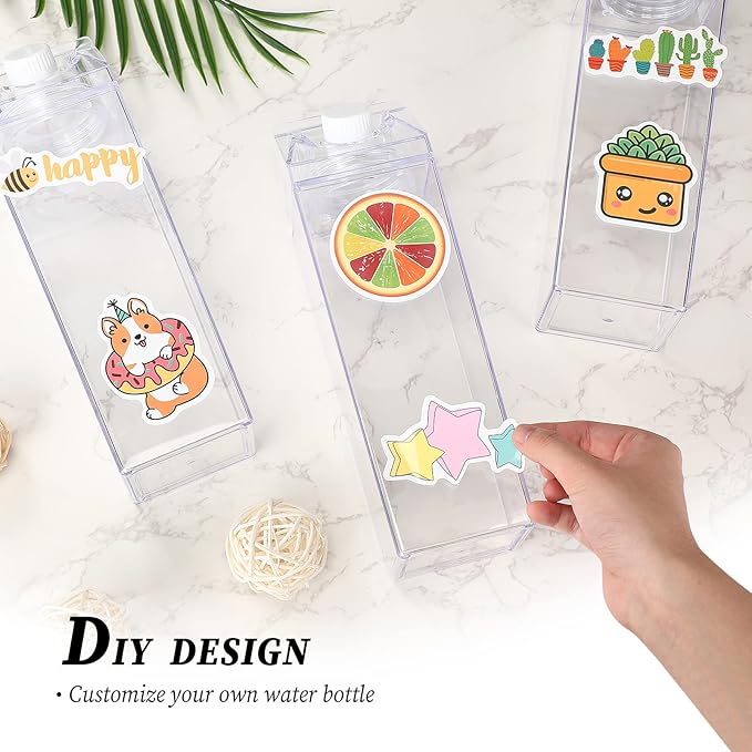 Remerry 3 Pcs Milk Carton Water Bottle Square Plastic Coffee Portable Reusable Milk Carton Cup Leakproof Juice Bottle