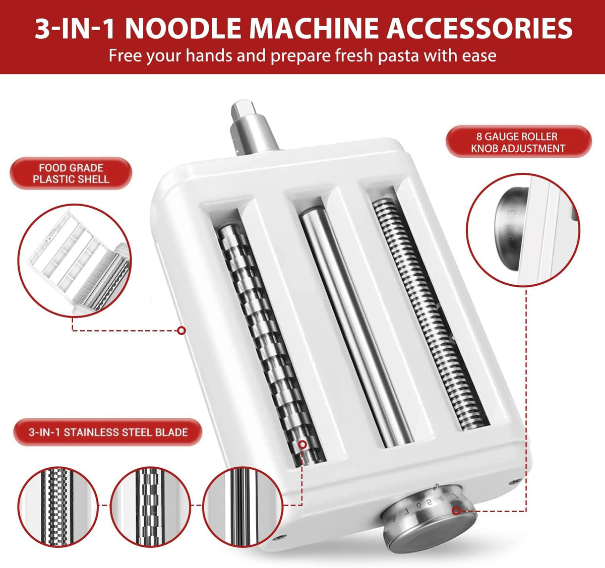 Pasta Maker Attachment for Kitchenaid/ Cuisinart Mixers, Noodle Maker 3 in 1 Set of Pasta Roller Fettuccine Cutter Spaghetti Cutter and Cleaning Brush, Electric Pasta Makers White