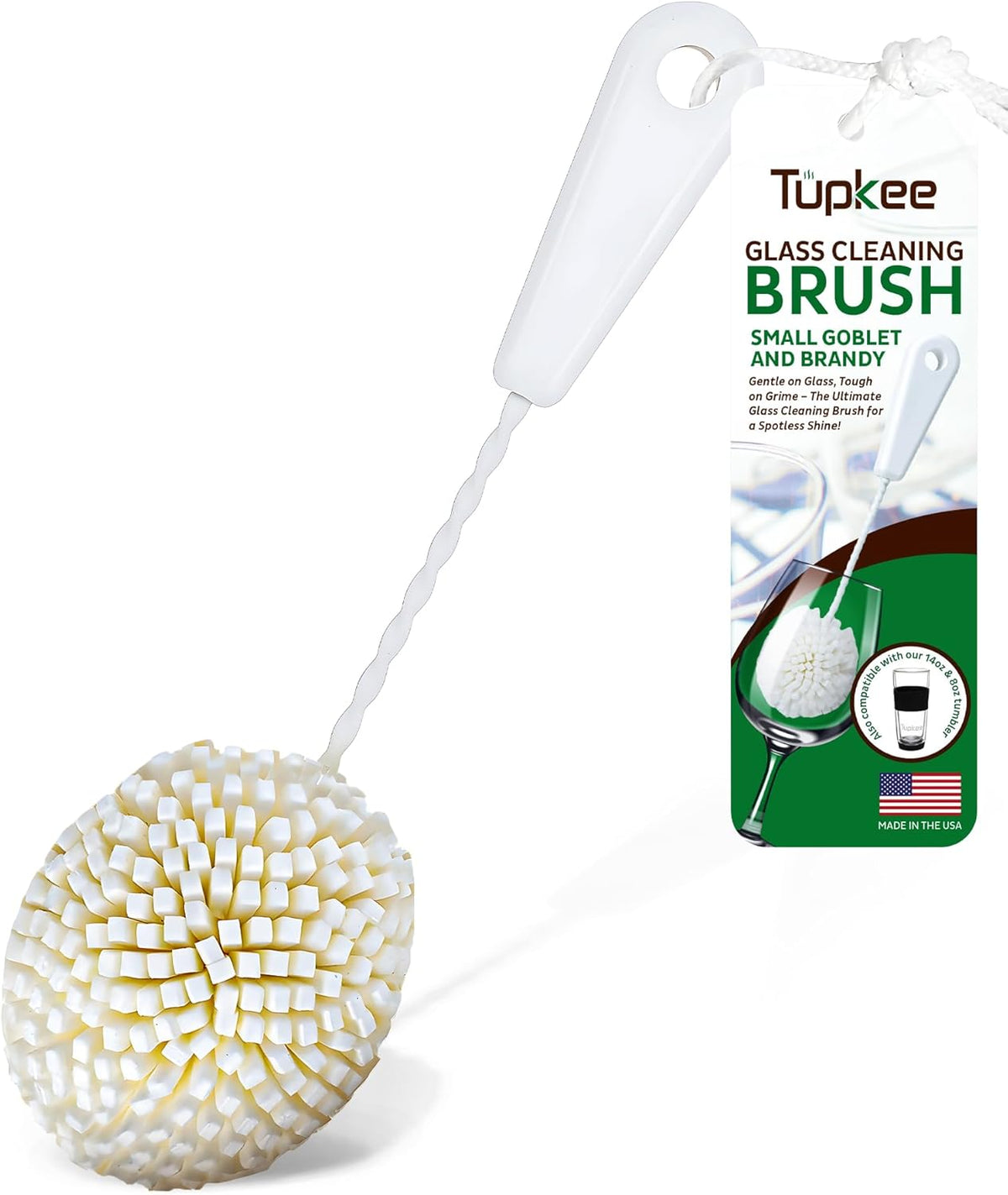 Tupkee Small Glass Cleaning Brush – Soft Non-Scratch Foam Bristles – Glass Cleaner Brush for Brandy, Cognac, Small Goblets, Crystal Glasses & Mugs – Fits Tupkee 14oz & 8oz Glass Tumbler – Made in USA
