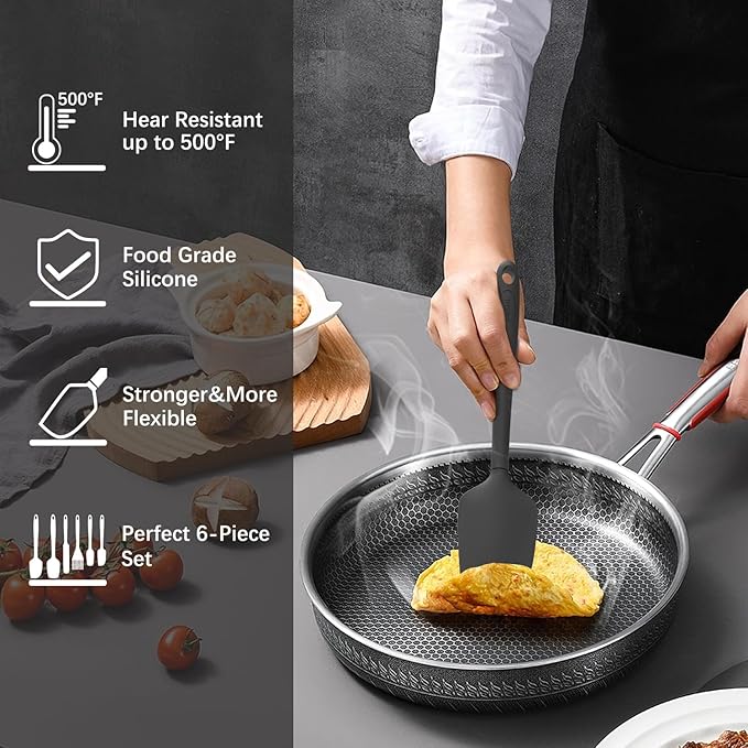 Silicone Spatula Set, 6 Pieces Food Grade Kitchen Utensils with Silicone Brush Heat Resistant Dishwasher Safe BPA-free Rubber Spatula for Scraping, Baking, Cooking, Mixing (Black)