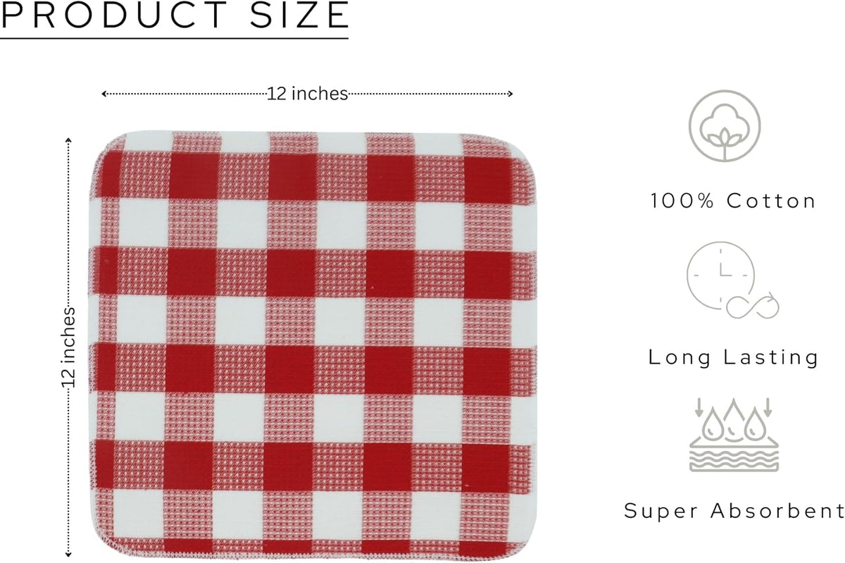 PurpleEssences Waffle Weave Plaid Dish Cloths, 100% Cotton - 12 x 12 Inches, Ultra Soft Absorbent Quick Drying Dish Towels Buffalo Check Dish Rags for Kitchen, 8 Pack - Spring Summer - Red & White