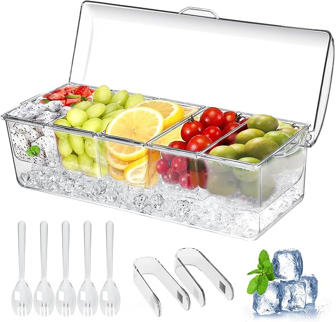 Large Ice Chilled Condiment Caddy，Chilled Condiment Containers Server with Lids for 5 Removable Compartments (2.5 cup)，Serving Platters, Fruit & Garnish Tray for Party Supplies & Bar Accessories