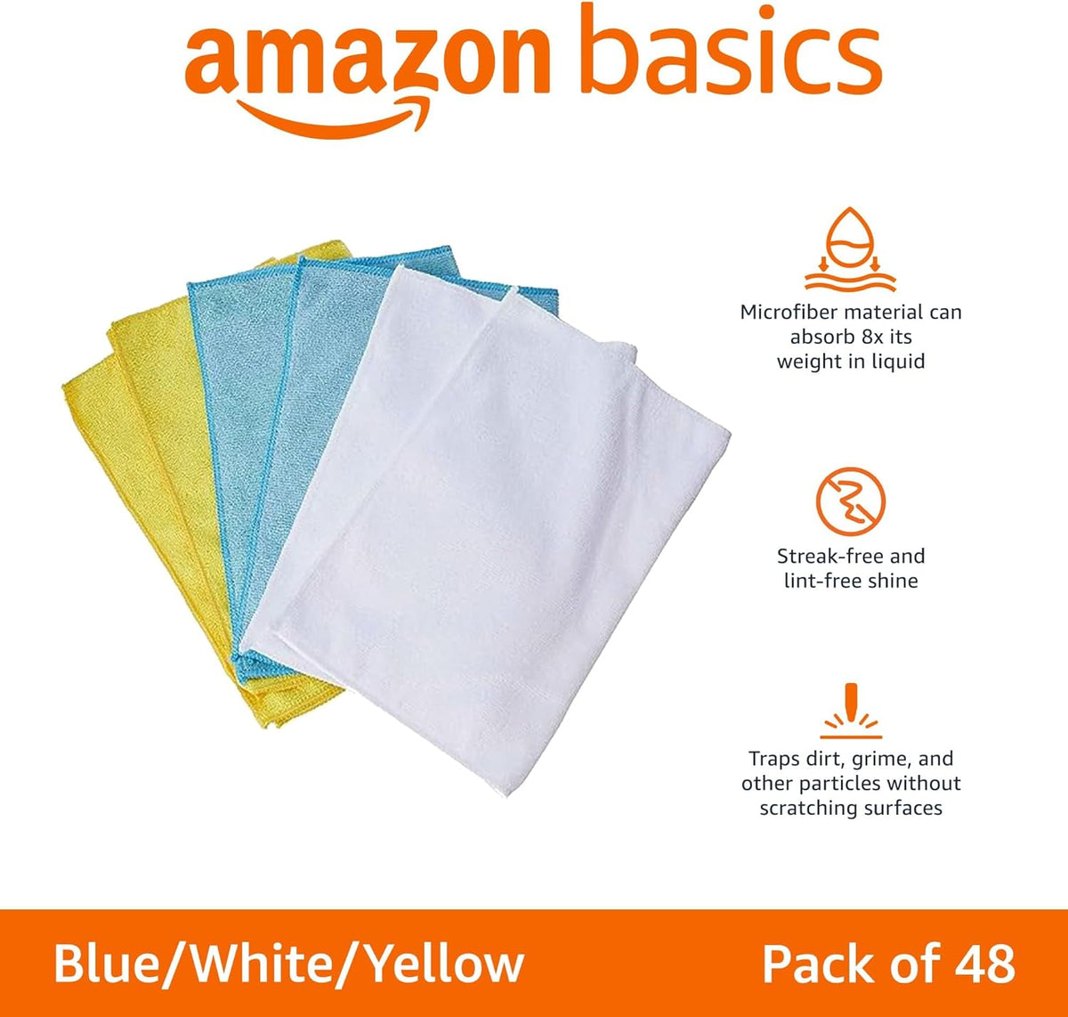Amazon Basics Microfiber Cleaning Cloths, Non-Abrasive, Reusable and Washable, Pack of 48, Blue/White/Yellow, 16" x 12"