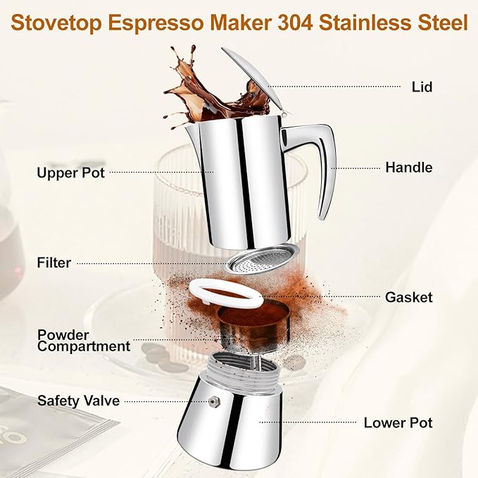 No Coating 12 Cup Thickened 304 Stainless Steel Moka Pot Stovetop Espresso Maker Italian Coffee Machine 600ml 20.3oz Suitable for Gas Induction Stovetop Greca Coffee Maker Percolator