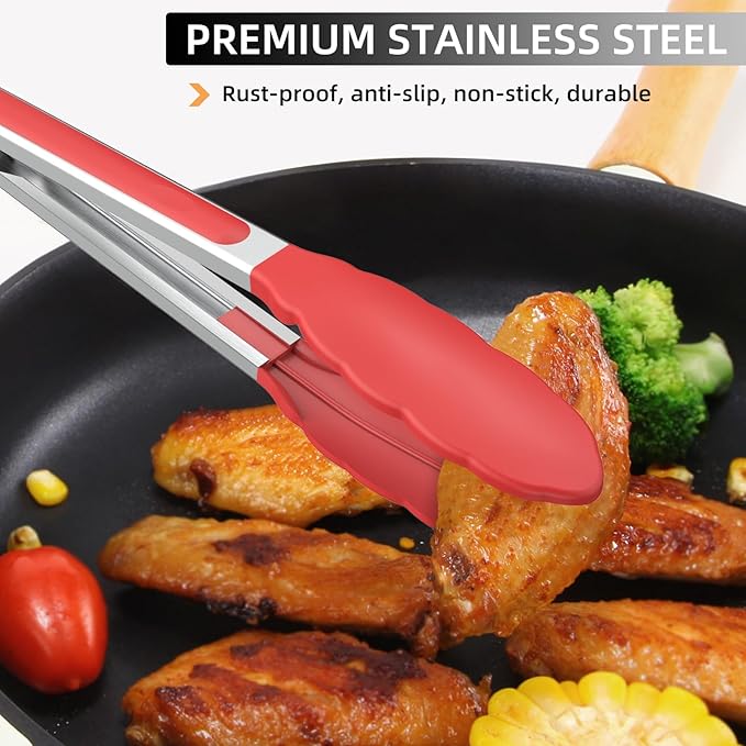NileHome Tongs for Cooking, Professional Stainless Steel Cooking Tongs – Heat-Resistant for Grilling, BBQ, Serving Salad, Pasta, and Kitchen Use, Dishwasher Safe, Set of 7" 9" 12", Red