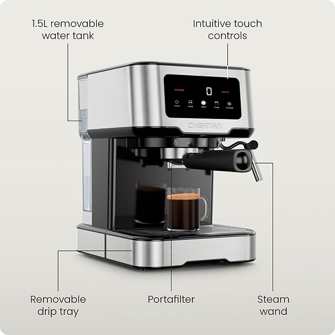 Chefman CraftBrew Espresso Machine, 15-Bar Pump Digital Espresso Maker w/Steam Wand for Latte & Cappuccino, Compact Espresso Coffee Machine w/ 1.5L Removable Water Reservoir - Stainless Steel