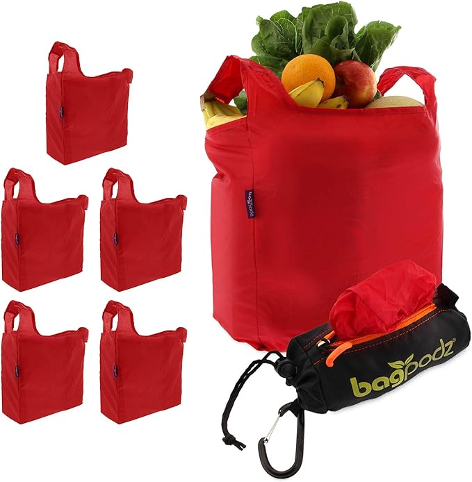 Sturdy Reusable Grocery Bags Foldable and Washable - Made From RipStop Nylon Hold 50lbs - Designed in USA Reusable Shopping Bags Inside a Compact Pod with Carry Clip - 5 Pack in Red