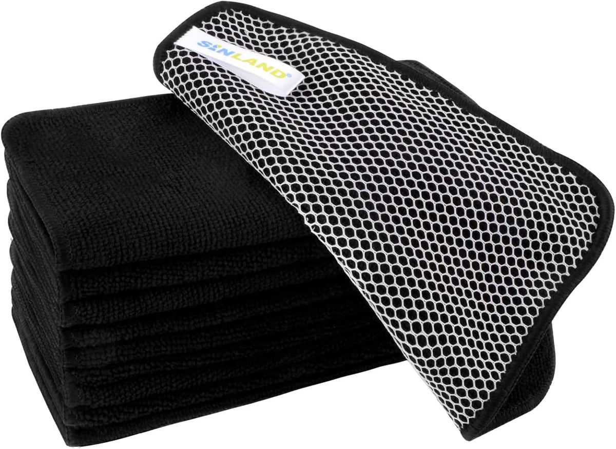 SINLAND Microfiber Dish Cloth for Washing Dishes Dish Washing Rags Best Kitchen Washcloth Cleaning Cloths Wash Cloths with Poly Scour Side 7.87Inchx7.87Inch 10 Pack Black