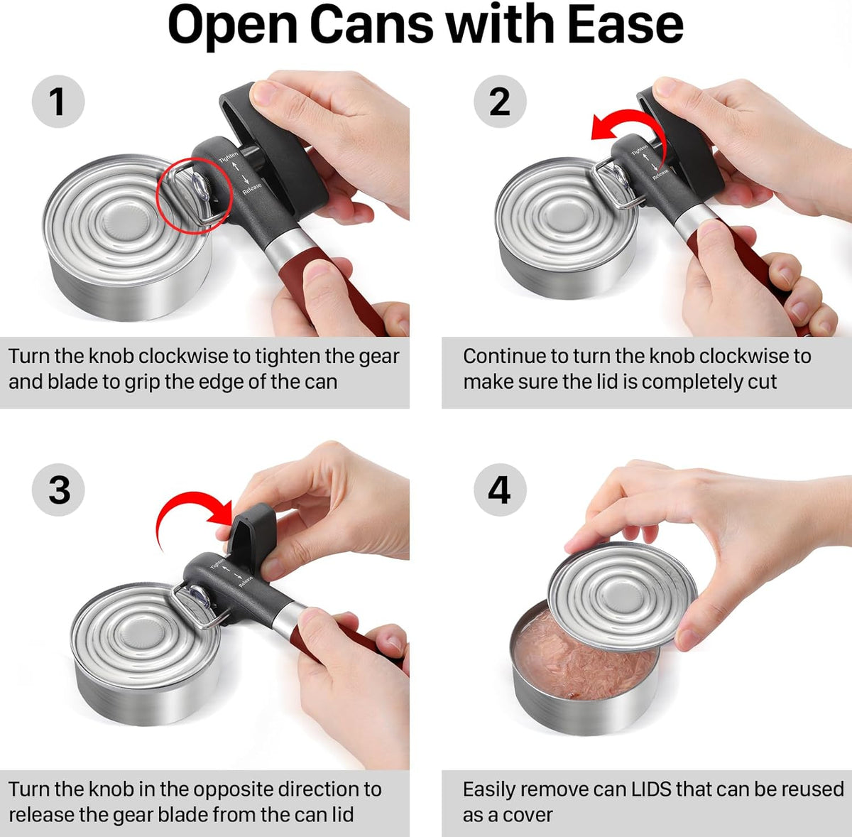 Beneno Can Opener, Manual Side Safe Cut Can Opener Smooth Edge with Durable Sharp Blade, Effort-Saving Knob & Comfortable Non-slip Handle, Red