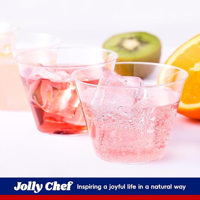 JOLLY CHEF 9 oz Clear Disposable Plastic Cups, 100 Pack Clear Plastic Cups Tumblers, Heavy-duty Party Glasses, Disposable Cups for Thanksgiving, Halloween, Christmas Party