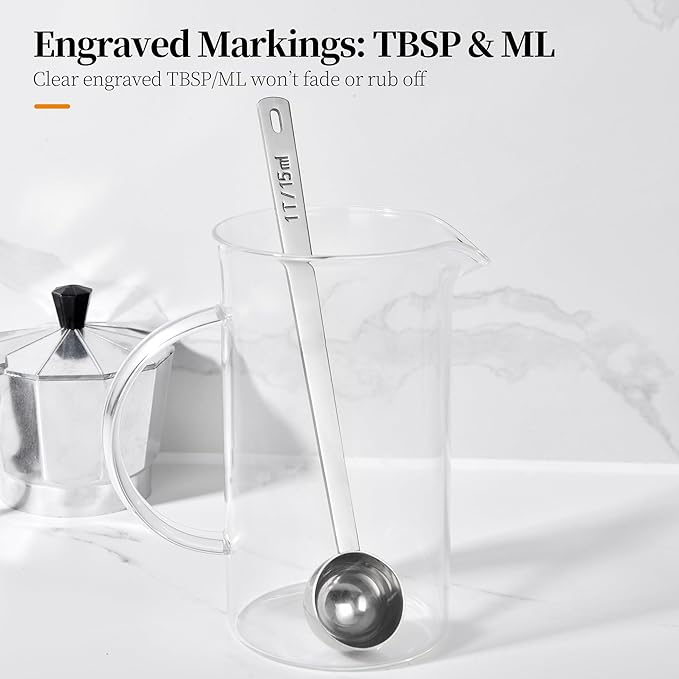 Long Handle Coffee Scoop: 8.3 Inch 18/8 Stainless Steel 1 Tablespoon Metal Measuring Spoon Tbsp Scoop for Coffee Beans, Grounds Coffee, Coffee Powder, Tea, Tall Jars (1Tbsp/15ml)