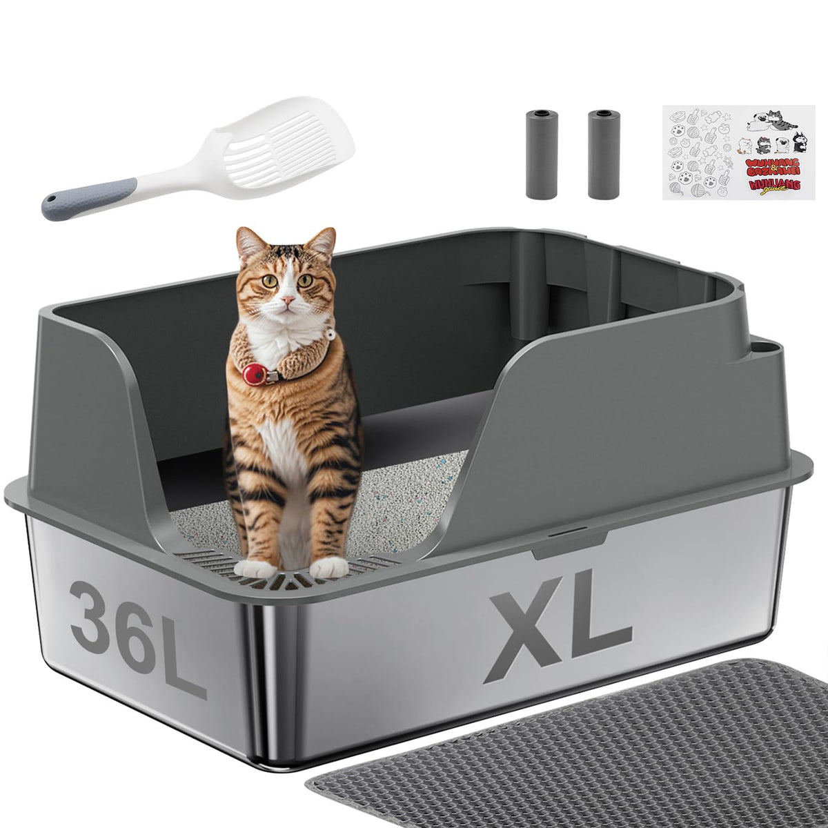 Non-Stick Stainless Steel Litter Box, XL Side Open Splash-Proof&Leak-Proof