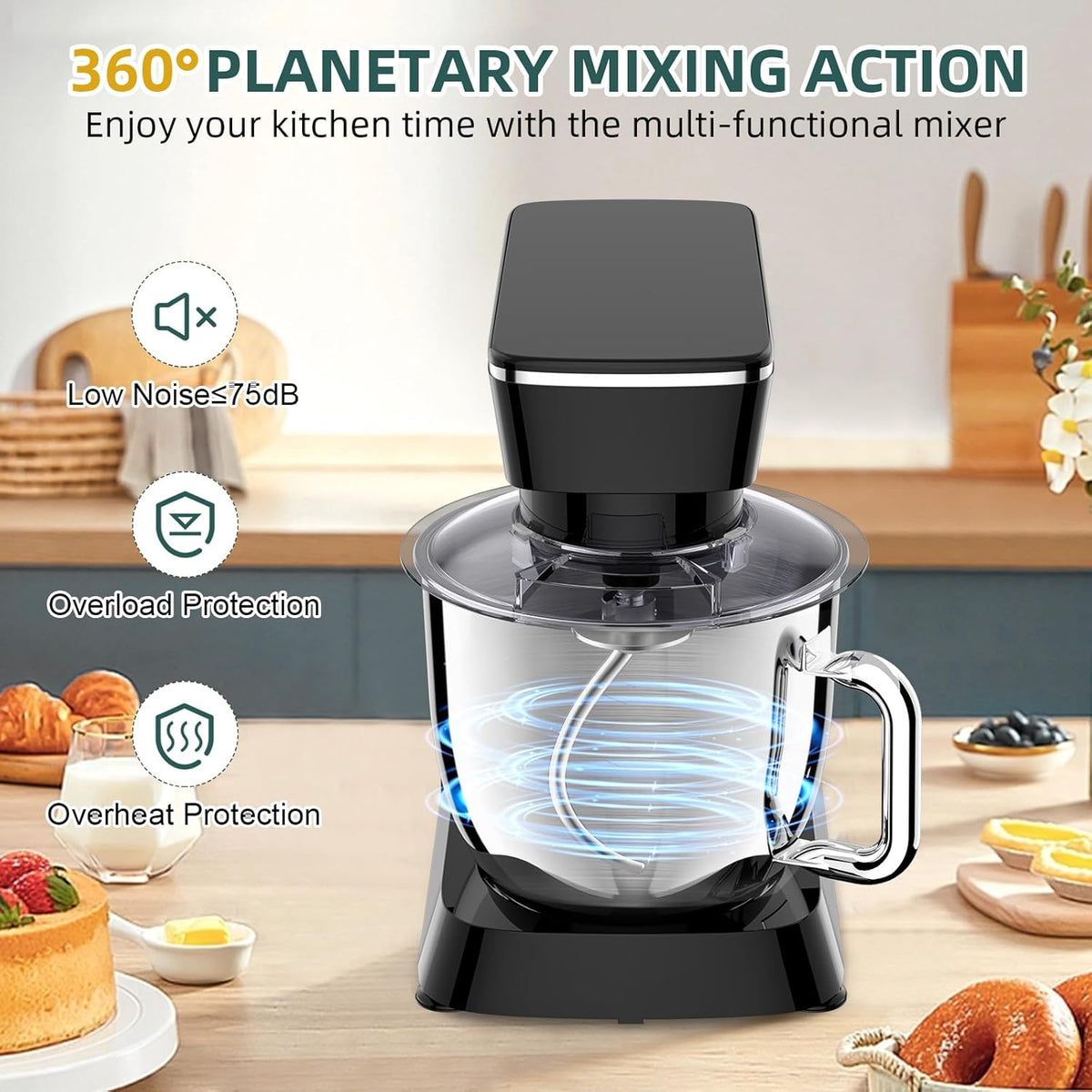 Stand Mixer, 6QT 10+P Speed Tilt-Head Kitchen Electric Mixer, Food Mixer with Stainless Steel Bowl, Dough Hook, Flat Beater, Wire Whisk, Splash Guard for Daily Use - Black