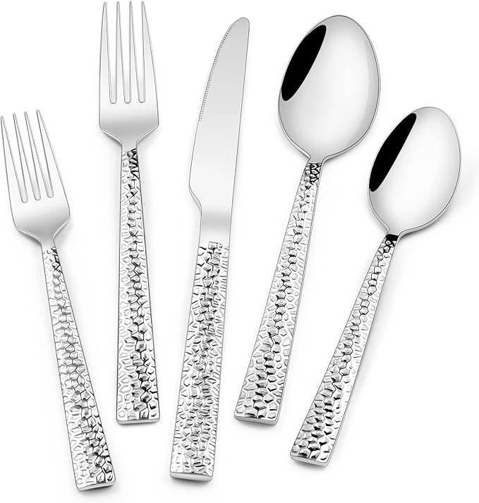 Hammered Silverware Set, 40-Piece Stainless Steel Square Flatware Set for 8, Food-Grade Tableware Cutlery Set, Utensil Sets for Home Restaurant, Mirror Finish, Dishwasher Safe