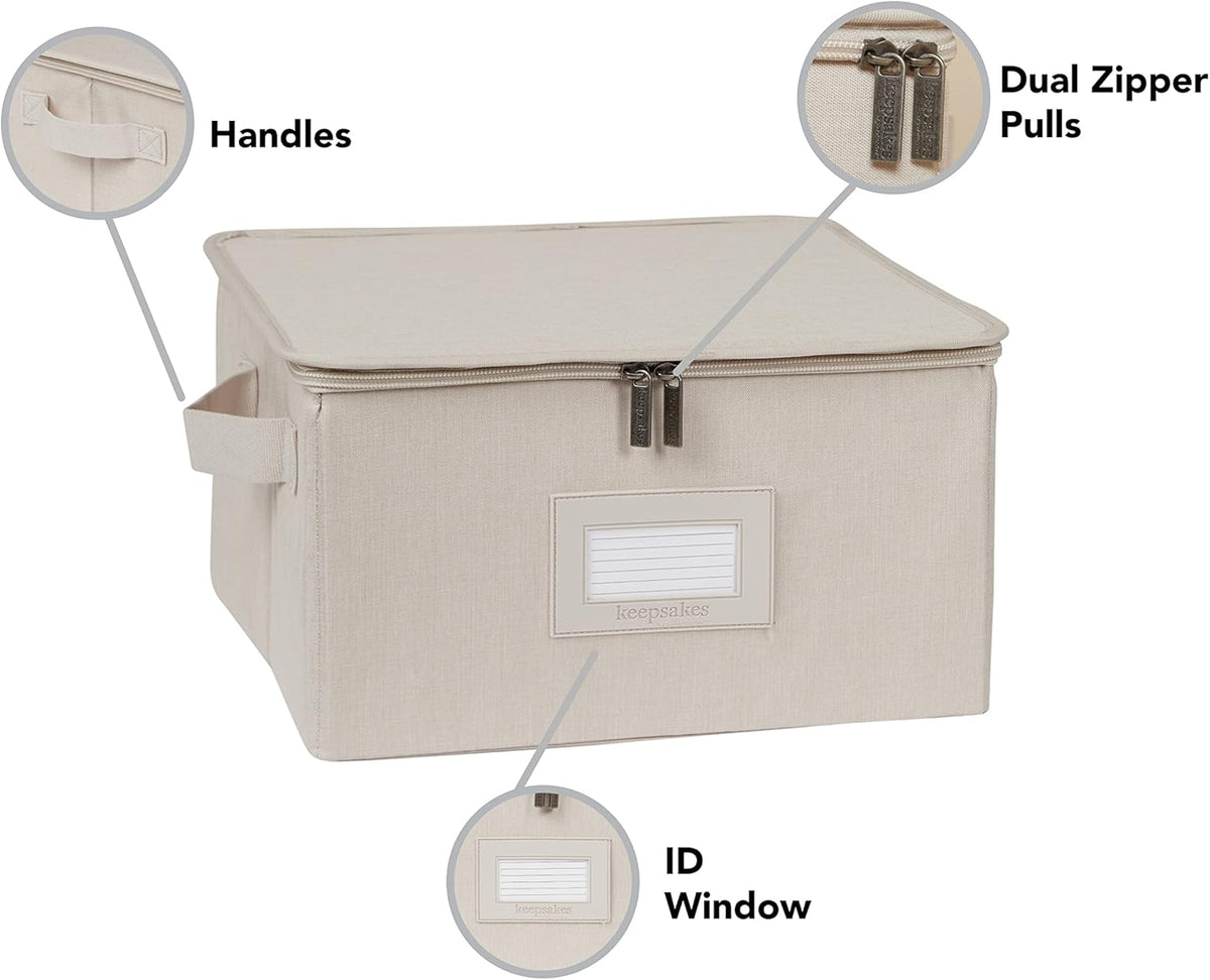 Covermates Keepsakes Dish Storage Box - Stackable, Reinforced Handles, China Storage, Beige Heather