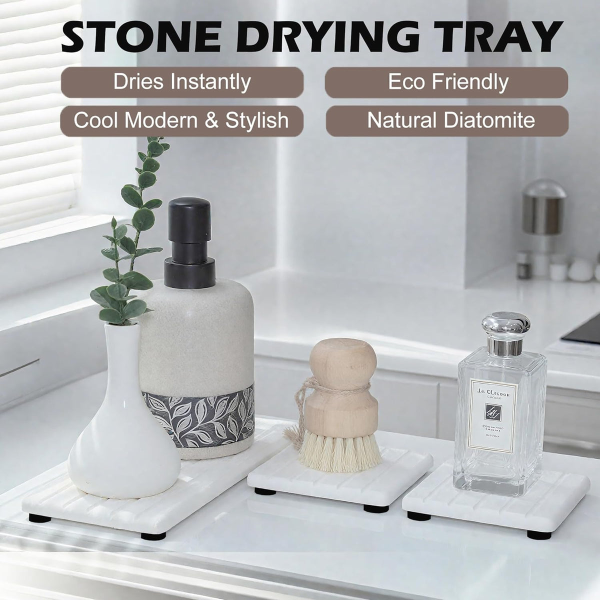 3PCS Stone Drying Tray, Stones Soap Trays, Water Absorbing Stone Tray for Sink, Fast Dry Diatomite Stones Mat, Used for Hand Soaps,Sponge,Toothbrush Holder in Bathroom Counter and Kitchen Sinks