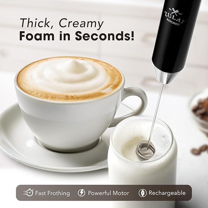 Zulay Kitchen Rechargeable Milk Frother Handheld - Lux 4 Whisks, Powerful 2-Speed Motor, Waterproof, 2000mAh Battery - Drink Mixer for Latte, Cappuccino, Matcha & Protein Powder - Jet Black
