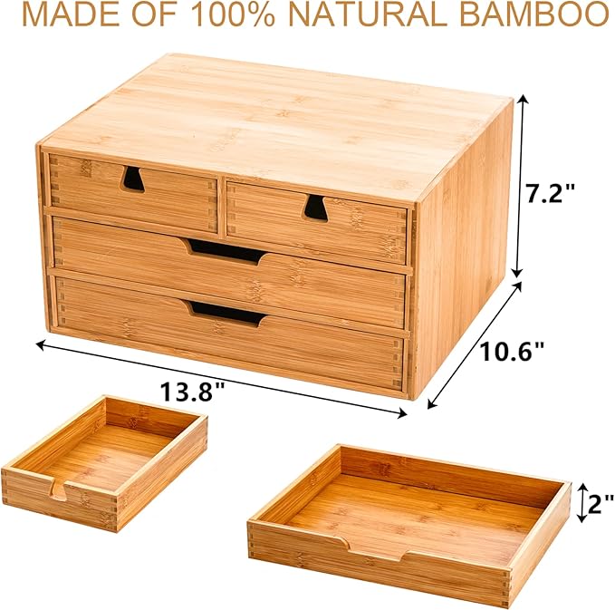 DEAYOU Bamboo Desk Organizer, 100% Natural Bamboo Desktop Drawer Organizer, Tabletop Storage Cabinet Organization Box with 4 Drawers for Makeup, Letter, Home Office Supplies, 3-Layer, Fully Assembled