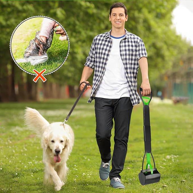 UPSKY 32'' Pooper Scooper for Large Small Dogs, Long Handle Dog Poop Scooper with Waste Bags, Portable Dog Poop Pick Up Tool, Folding Poop Scoop for Yard, Grass, Dirt, Gravel Green